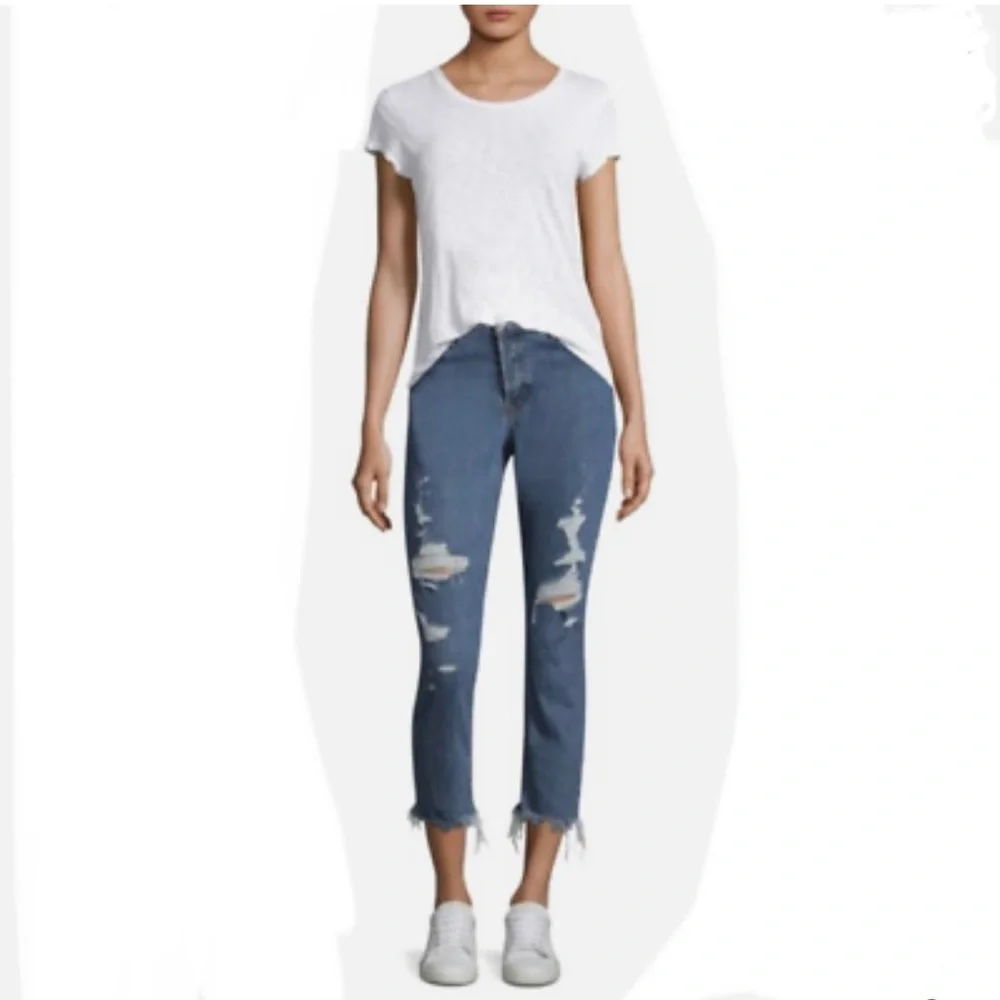 Hudson Riley Luxe Crop Relaxed Straight Raw Hem Button Fly Distressed Jeans 32 - Picture 1 of 15